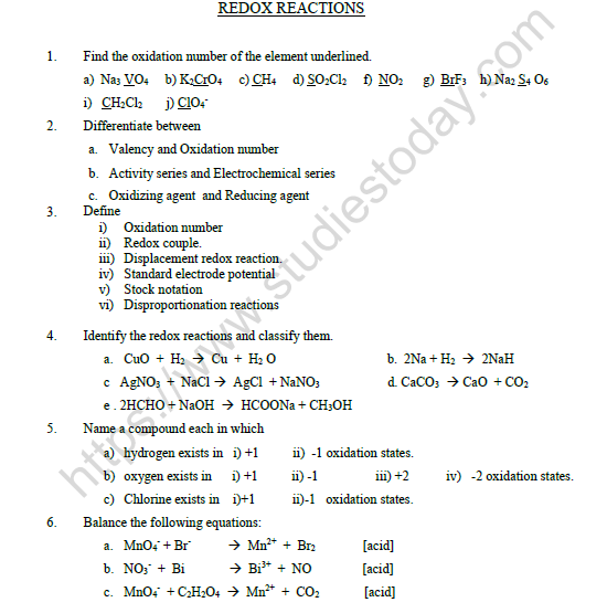 Oxidation And Reduction Worksheet Worksheets For Kindergarten